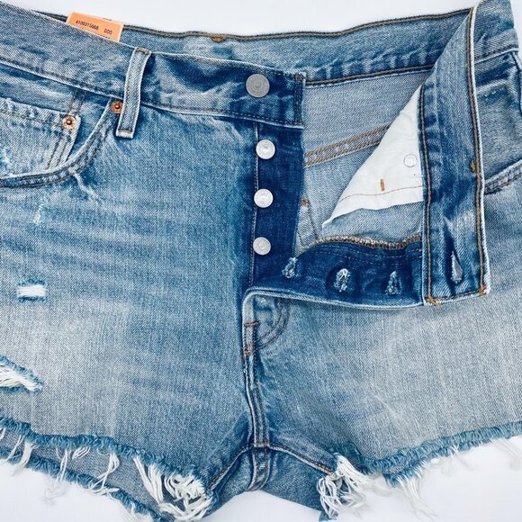 Levi's 501 Original High Rise Distressed Shorts Athens Medium Wash 32 Button Fly - Picture 5 of 9